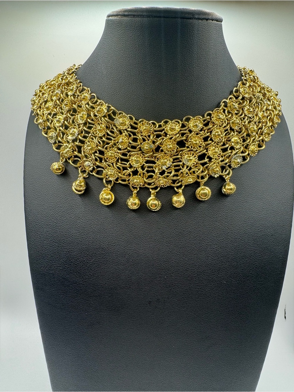 Gold-Tone Chainmail Bib Collar Necklace with Rosettas & Bell Dangles